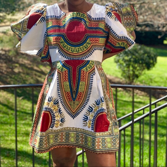 African Print Ankara Handmade White Dashiki Mini Ruffle Sleeve Dress - Picture 2 of 7